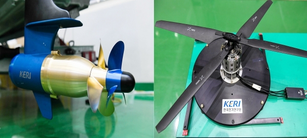 한국전기연구원이 개발한 ‘비접촉 마그네틱 기어 기반 상반회전 프로펠러’(왼쪽 선박용, 오른쪽 항공기용). (사진=전기연구원)