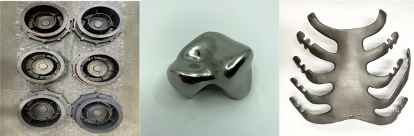 왼쪽부터 SLM 고속 공정기술로 제작한 경량 항공기 부품, 환자 맞춤형 인공 발목뼈, 맞춤형 인공 흉부 뼈. (사진=생산기술연구원)