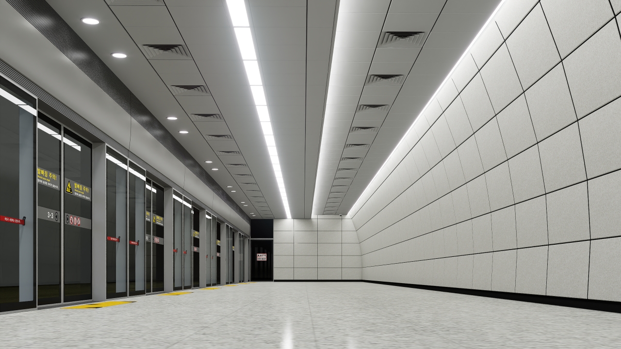 △ 지하철 역사 내 적용된 PCM 불연칼라강판의 활용 모습을 3D로 구현한 렌더링 이미지 (사진제공 = KG스틸)