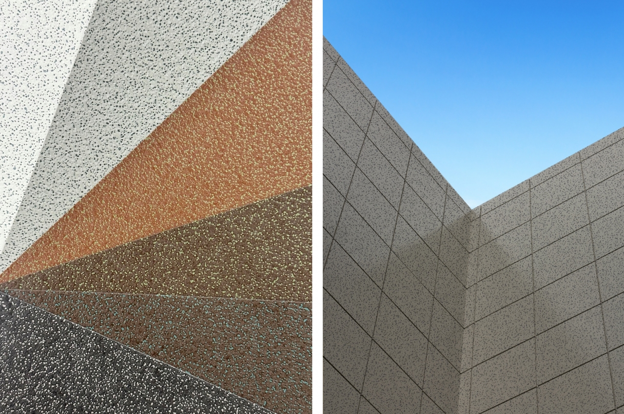 디케이동신의 컬러강판 신제품 '루미스톤'과 실제 외장재 적용 모습