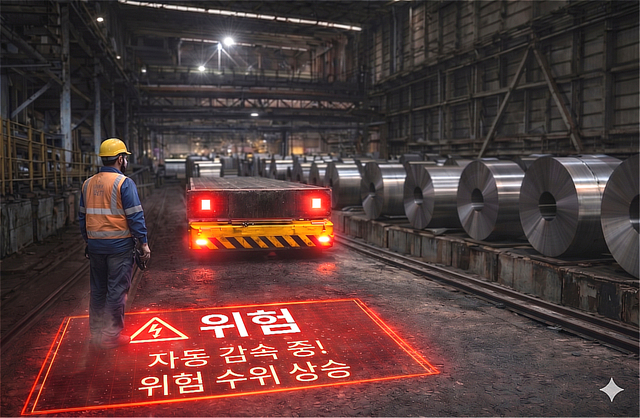 ▲ 작업자의 충돌 위험을 실시간으로 감지해 자동 감속을 수행하는 지능형 안전 시스템 예시(제공=KG스틸)